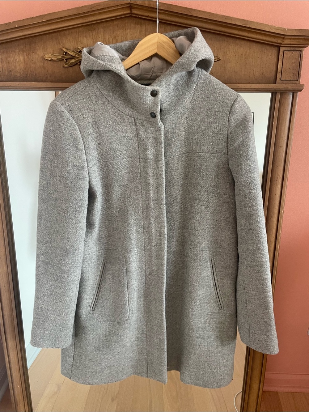 Hooded Wool-Blend Trench Coat in Light Gray